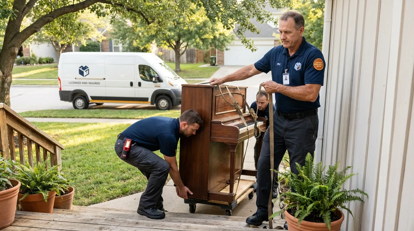 Licensed piano movers securing grand piano in Barranquitas, PR