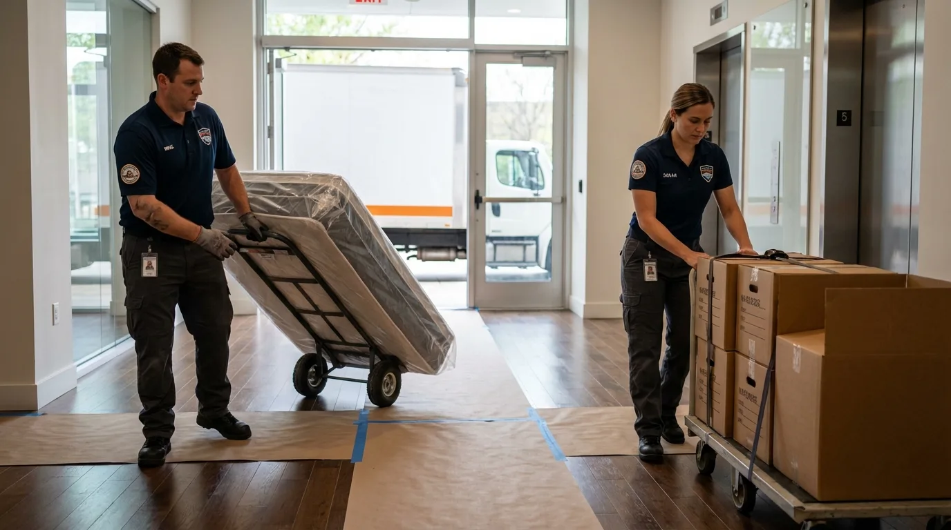 Professional apartment movers loading elevator in Barranquitas, PR